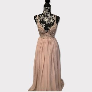 V Neck Rhinestone Blush Dress